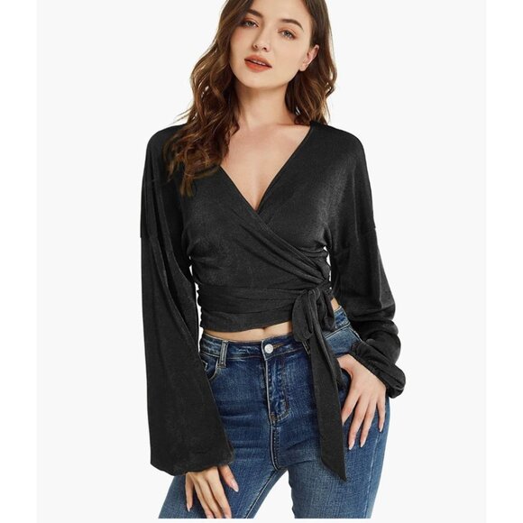 Black Glitter Knit Tie Front Belted V-Neck Long Sleeve Bishop‎ Wrap Sweater Top - Picture 2 of 6